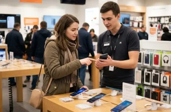 Молодая Девушка Обсуждает Покупку Смартфона С Продавцом-Консультантом В Современном Магазине Электроники. На Снимке Передана Живая, Естественная Атмосфера Общения, Где Продавец Демонстрирует Функции Устройства, А Покупательница Внимательно Его Расспрашивает