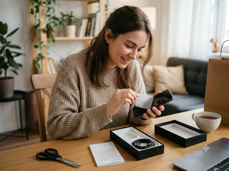 Devushka Raspakovyvaet Novyy Smartfon (8) Девушка, Которая С Улыбкой Распаковывает Свой Новый Смартфон В Уютной Домашней Обстановке, Аккуратно Снимая С Экрана Защитную Плёнку
