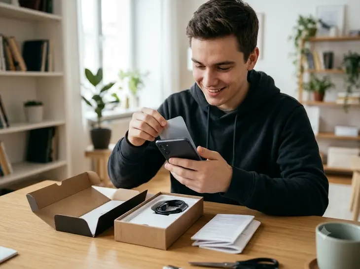 Paren Raspakovyvaet Novyy Smartfon (7) Парень С Радостной Улыбкой Распаковывает Свой Новый Смартфон В Уютной Домашней Обстановке, Снимая Защитную Плёнку С Экрана. На Столе Перед Ним Видны Коробка От Устройства, Кабель